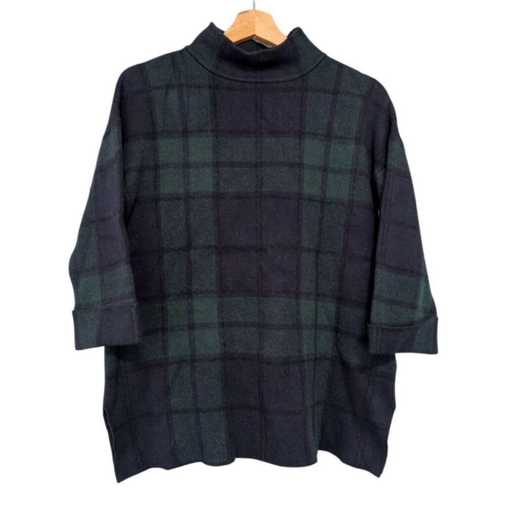 Tahari Black Watch Plaid Mock Neck 3/4 Sleeve Fleece Sweater Top Blouse Women's